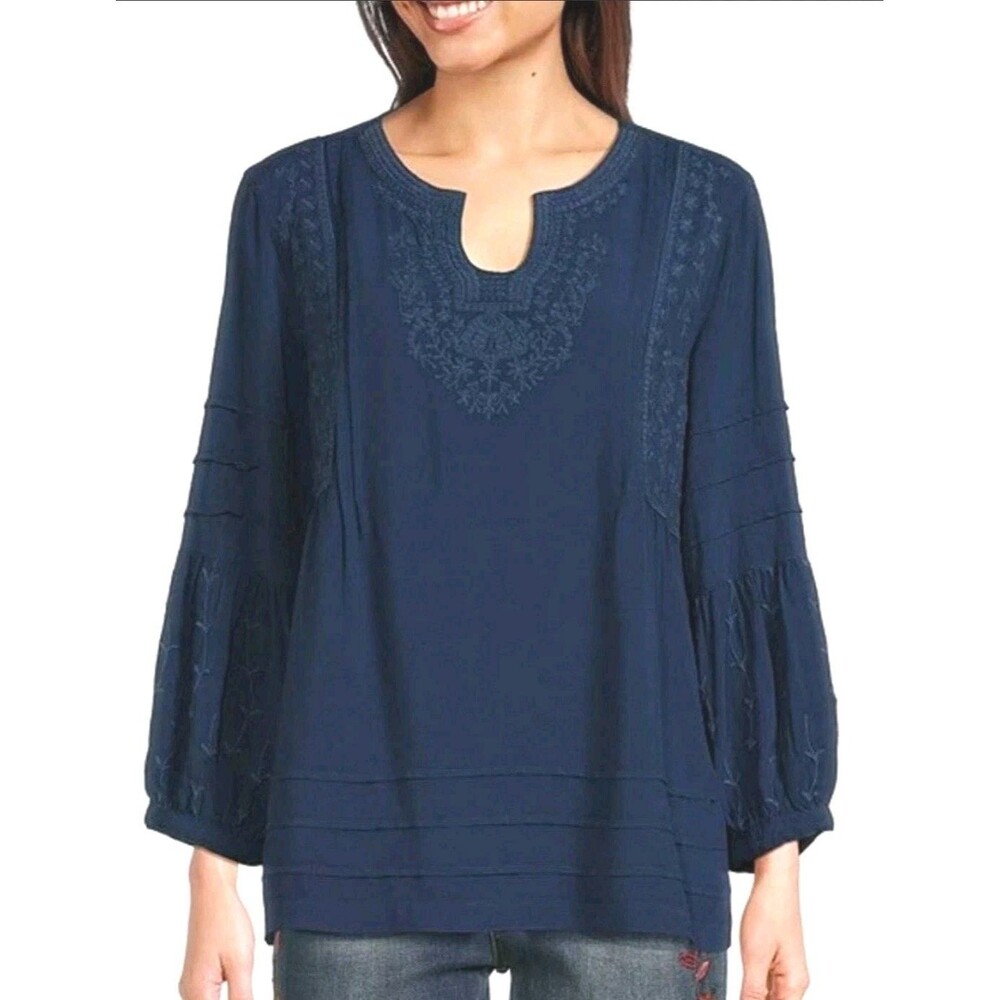 John Mark Embroidered Tunic Top Blouse Womens Plus Size 1X Blue Boho Peasant